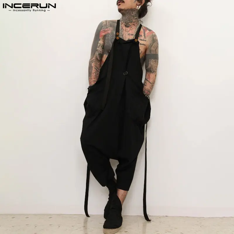 INCERUN Men's Solid Basics Casual Comfy Overalls - Spring-Summer Polyester Fabric, Loose Deconstructed Wide-Leg Sleeveless Dungarees for Simple Outfits