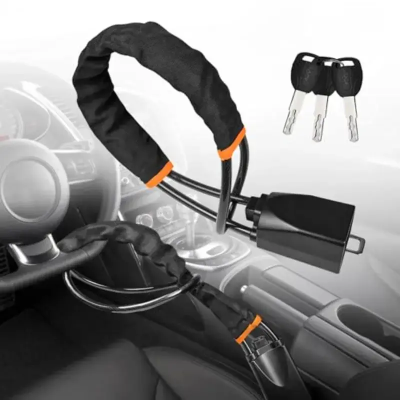 Universal Steering Wheel Lock - Anti-Theft Car Accessories with 3 Keys, Retractable Heavy-Duty Steel Cable, Seat Belt Buckle Lock, Quick Install Secure Fit for Cars, SUVs, Trucks, Vehicles