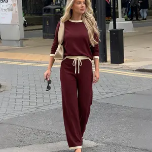 Woman's Wine Red Knit Tracksuit Soft Comfortable Casual Two-piece Set Round Neck Long Sleeve Drawstring Pants Loose Fit Streetwear Coffee Date Home Outdoor Travel