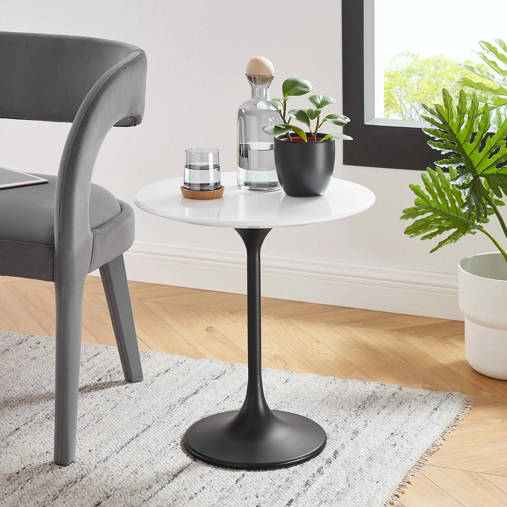 Modway Lippa 20in Round Modern Entryway Indoor Use End Table - Black, White, Engineered Wood, Beveled Edge, Chip-Resistant, High Gloss Finish, Assembly Required