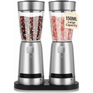 Electric Salt and Pepper  Set, with LED Lights, Stainless Steel Automatic Pepper & Salt Mill with 5 Adjustable Coarseness (Upgraded Larger Capacity 150 ML)