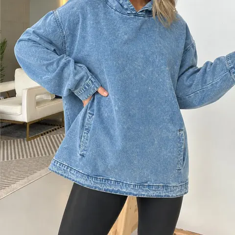 MIDIROSS Women's Denim Hooded Sweatshirt - Hoodie Clothing Tops, Long Sleeve, Minimalist Basic Tops, with Front Pockets