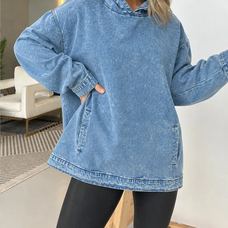 MIDIROSS Women's Denim Hooded Sweatshirt - Hoodie Clothing Tops, Long Sleeve, Minimalist Basic Tops, with Front Pockets
