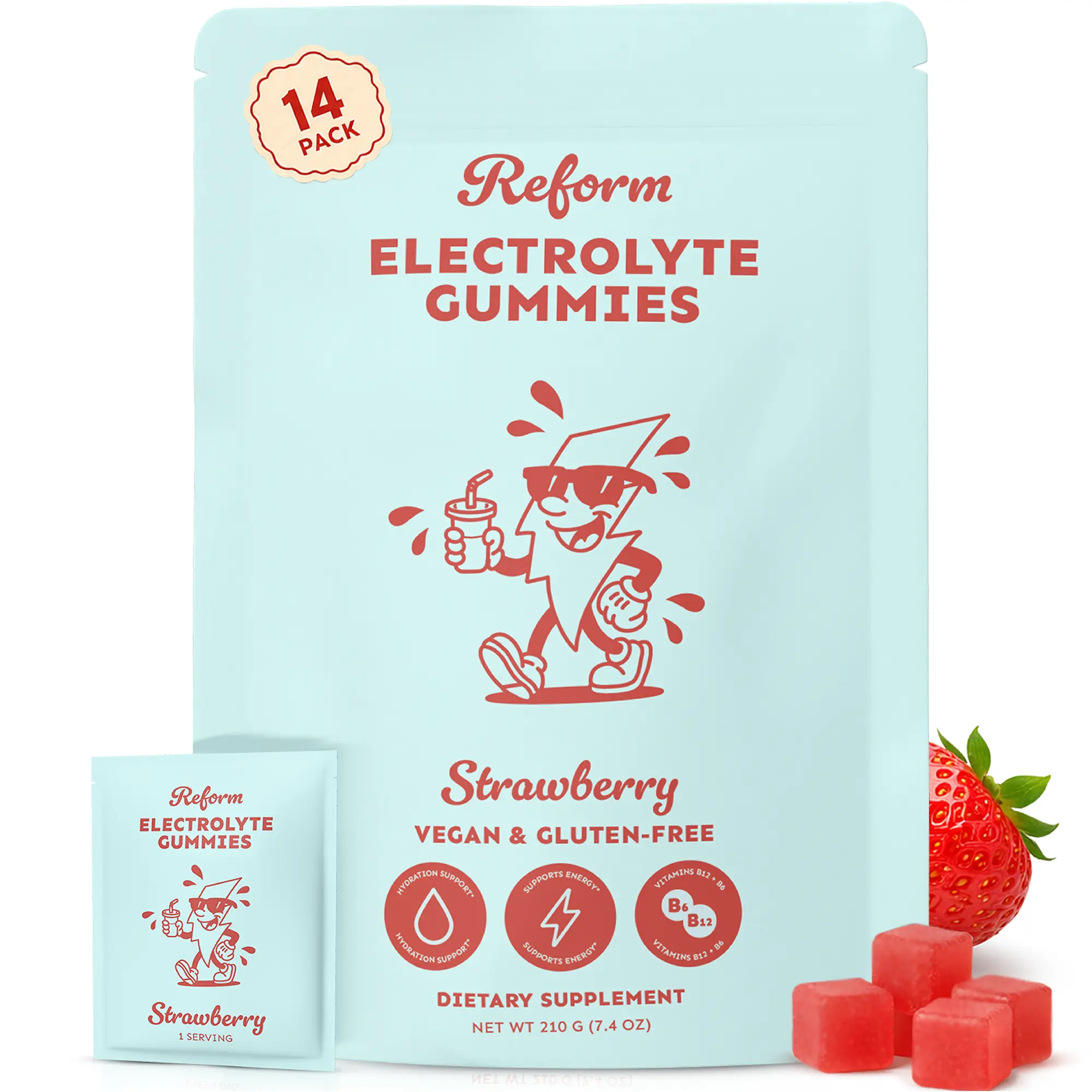 Reform Electrolyte Gummies - Hydration Energy Gummies with Electrolytes, B6 + B12 for Energy Support, Vegan & Gluten-Free, Strawberry, 14 Pack
