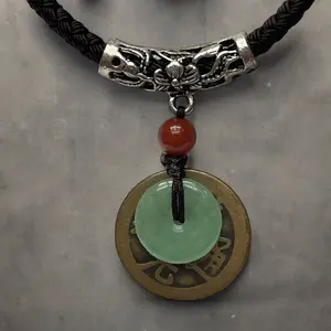 Natural Jade Donut Necklace with Antique Brass Lucky Coin - Wealth, Peaceful, Safe, and Good Luck
