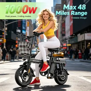 On Sale#Portable 14"Inch Folding Electric Bike Fold Into Car Trunk 1000W Motor 15Ah Removable Battery 38 Miles Commuter E-Bike With LED Meter & Dual Disc Brake