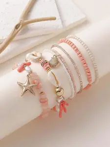 6PCS Girly Pink Seashell & Starfish Bracelet Set - Elastic Bead Rope for Beach Holidays & Casual Wear!