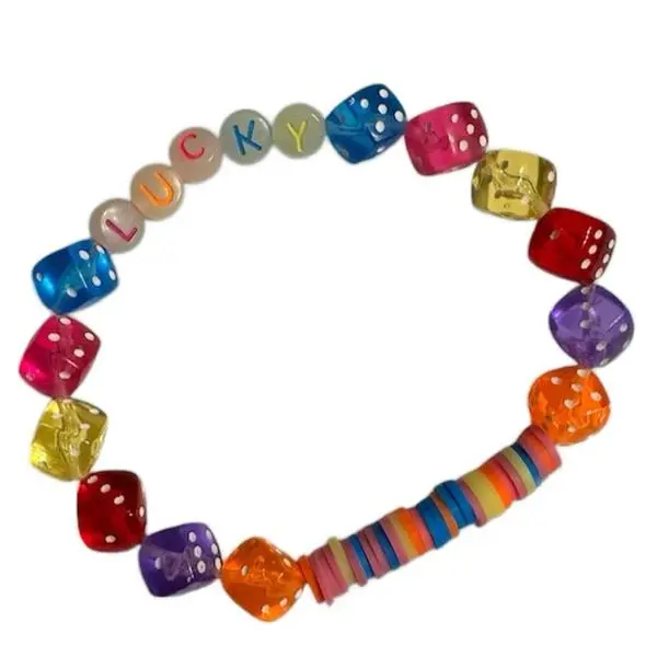 Lucky Dice Bracelet - Colorful Dice with "LUCKY" Design, Includes Colorful Beads