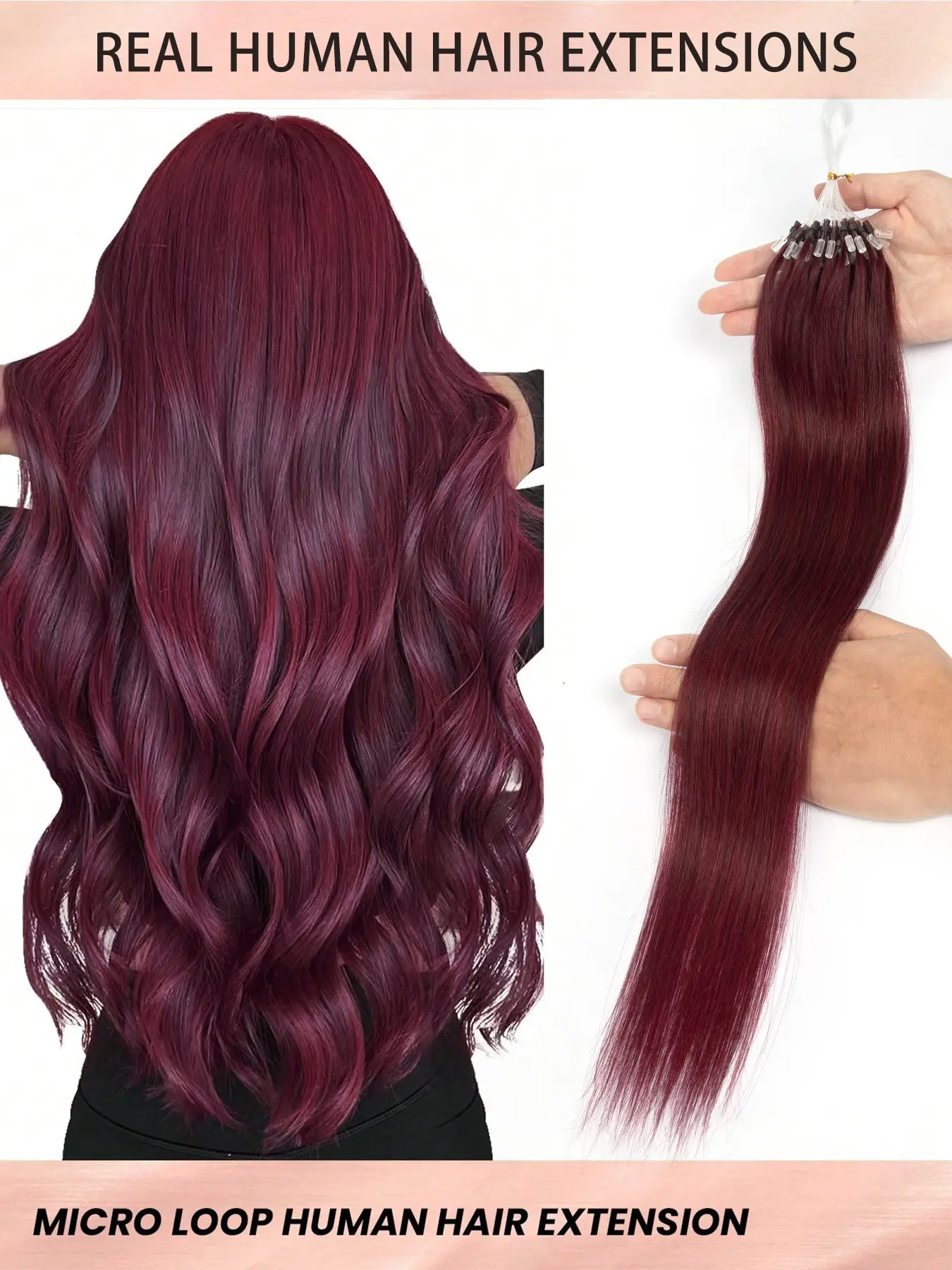 Micro Ring Design Hair Extensions, 30g (50pcs), Wine Micro Loop Human Hair, Length Range 12-22 Inches, Real Human Hair, Human Hair Pieces, Human Hair Wave, Microloop Human Hair