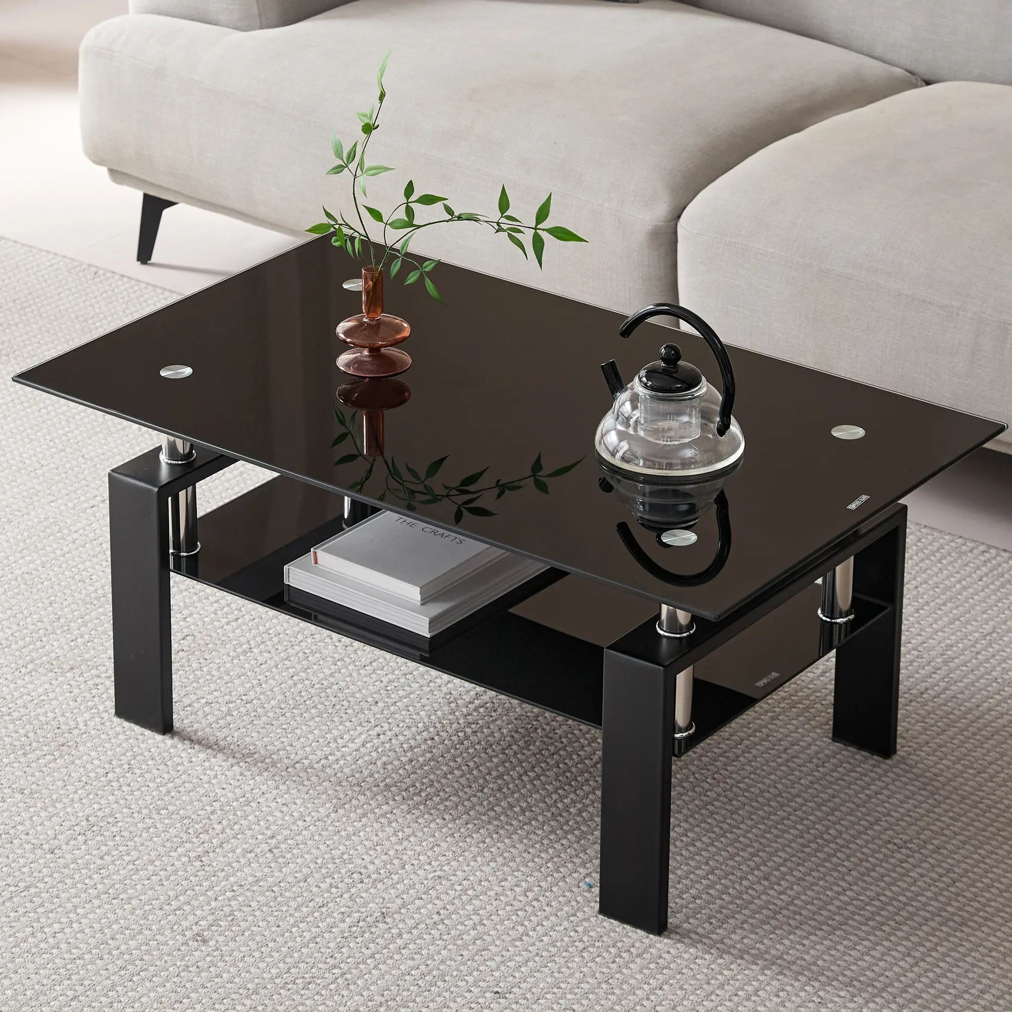 Black Glass Coffee Table for Living Room, 2-Tier Tea Table Modern Side Coffee Table, Mordern Rectangle Tempered Glass Sofa Center Tables with Black Metal Leg for Home Office