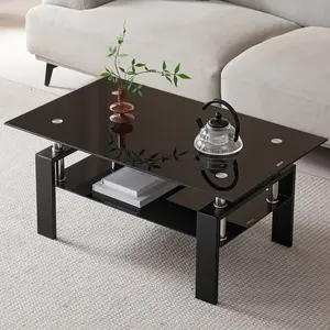 Black Glass Coffee Table for Living Room, 2-Tier Tea Table Modern Side Coffee Table, Mordern Rectangle Tempered Glass Sofa Center Tables with Black Metal Leg for Home Office