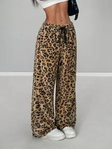 Women's Fuzzy Leopard Print Wide Leg Loungewear Pants 2026 Y2K Retro Loose Fit High Waisted Trousers With Drawstring Detail Casual Streetwear Summer Daily Trendy Outfits Viral TikTok Made Me Buy It
