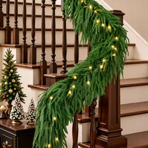 Pre-Lit Christmas Garland, Artificial Pine Greenery Garland with Warm Lights for Stair Railing, Mantel, Fireplace, Doorway & Holiday Décor