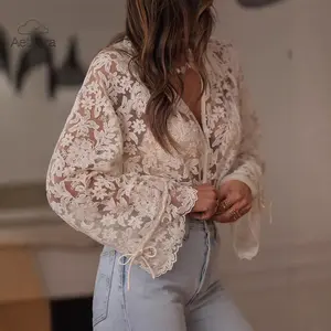 2026 New Women’s Korean Style Lace Blouse, Hollow Out Casual Long Sleeve Shirt, Elegant Sheer Floral Lace Top, Fashion Japanese Korean Style Casual Wear for Daily Streetwear & Outfits