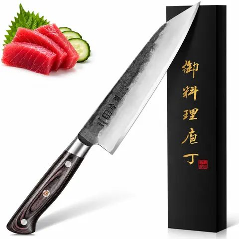 KanngouSaku Kiritsuke Slicing Shredding Kitchen Knife - 7/8.27in Black-Forged AUS-8 High-Carbon Stainless Steel Blade, Tsuchime Finish, Full-Tang Wooden Handle, Anti-Finger-Numb Sharp Tool, Premium Gift Box, Mom Gift for Christmas,Wedding Meat Prep