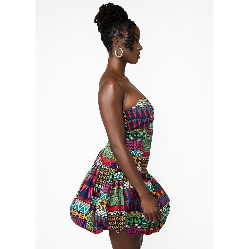 Sani Women's African Print Corset Bubble Hem Mini Dress (Green Navy Kente) - Clearance
