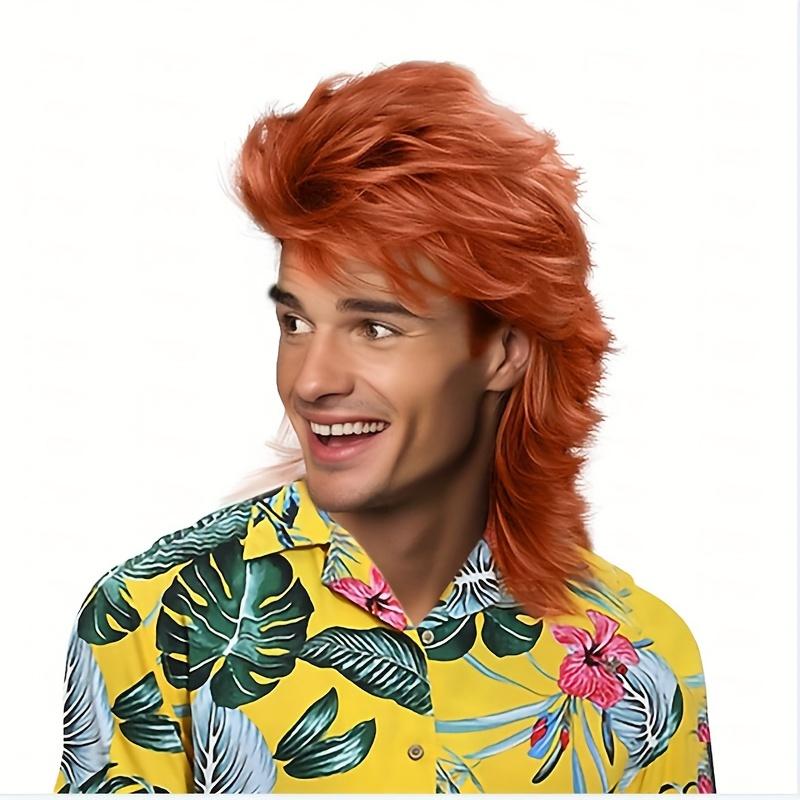 Men'S 70s & 80s Synthetic Mullet Wig - Funny Pop Rock Style, Straight Rose Net Cap, White Sleeveless Shirt for Costume Parties & Themed Events, Funny Wig, Themed Event Accessory, Retro Hairpiece, Durable Hairpiece