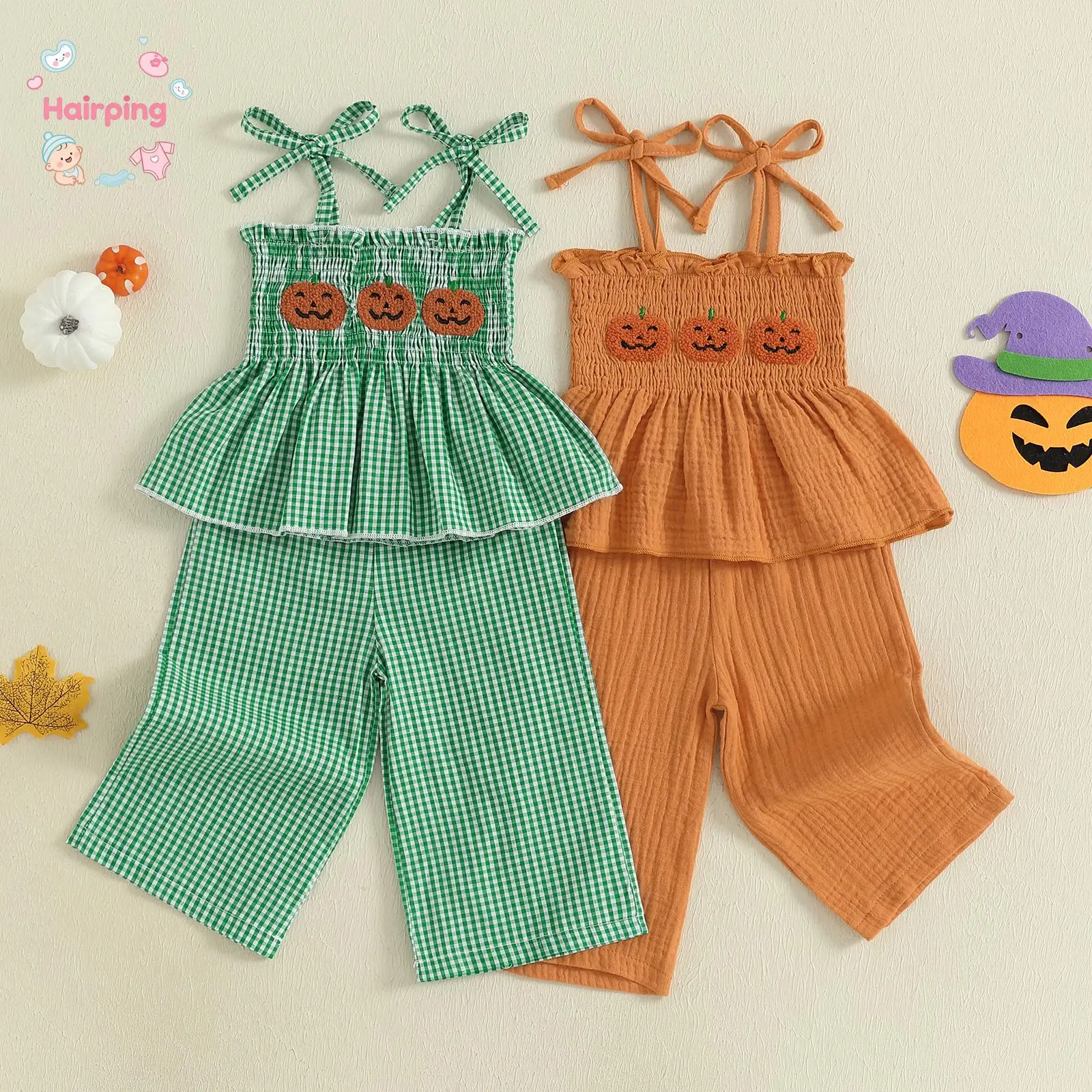 Toddler Girl Halloween Outfit, Pumpkin Embroidery Smocked Tie-up Spaghetti Strap Tops Solid Wide Leg Pants Set, Casual Baby Girls Set