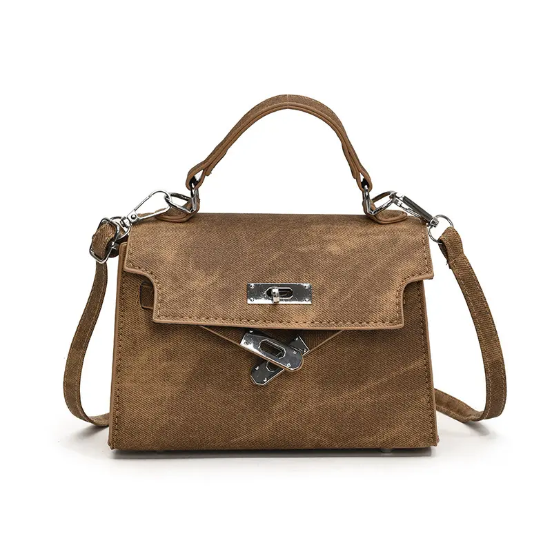 Women's Mini Beige Denim Kelly-Style Handbag, Silver Hardware Top-handle & Crossbody Purse luxury fashion bag