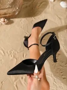 French Elegance Satin Pointed Toe High Heels, One Strap Thin Heel Hollow Out Single Shoe, Party Commute Women's Shoes