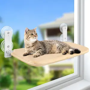 Cat Window Hammock Perch Cordless Foldable Stable Lounger Upgraded Suction Cup Easy Assembly Indoor Cats Kitty Shelf Hold Up to 55lbs (Beige, L)