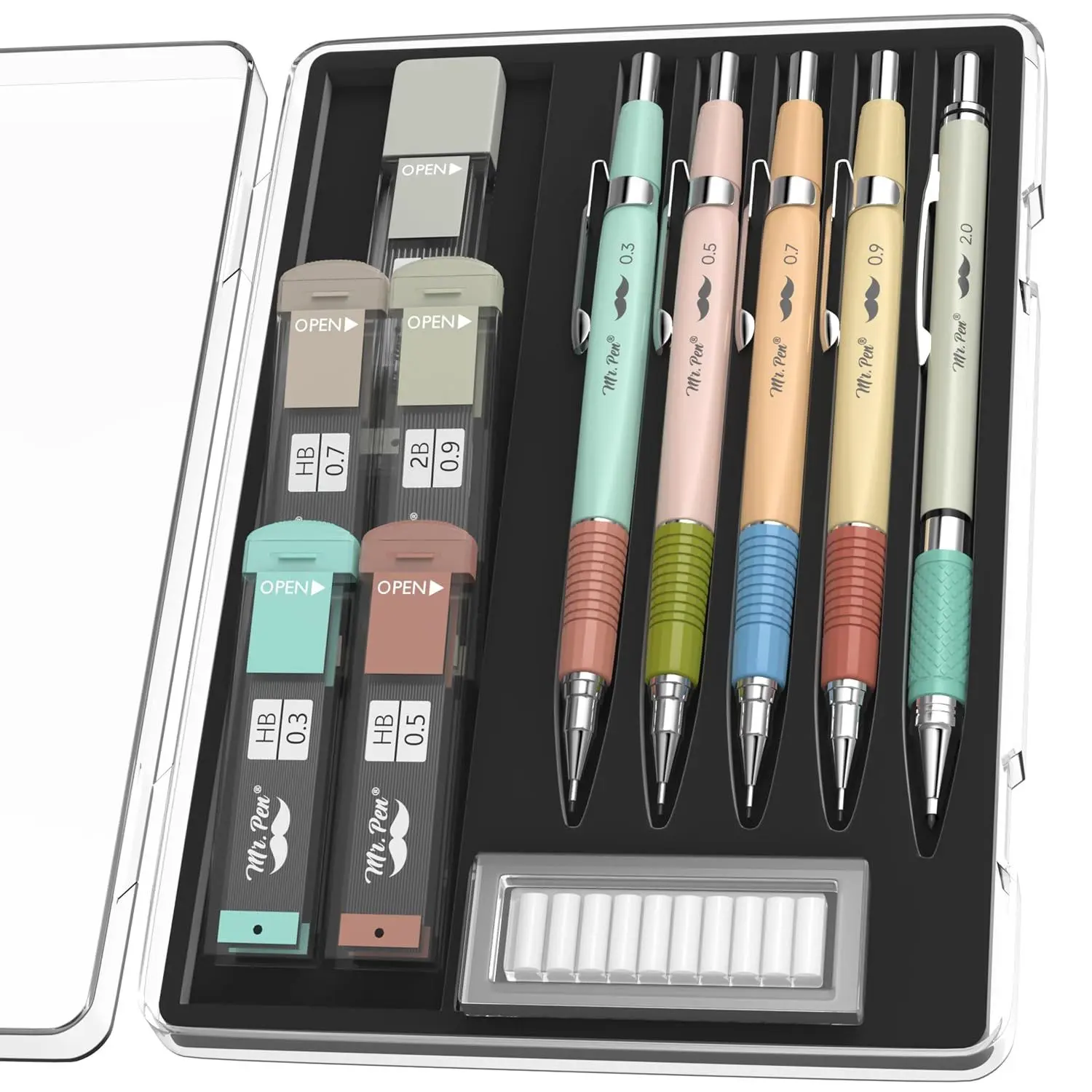 Mr. Pen- Art Mechanical Pencil Set, 5 Sizes (0.3, 0.5, 0.7, 0.9, 2.0mm) | 5 HB Lead Refills & 10 Eraser Refills, Precision Drawing Pencils for Sketching, Writing & Artwork