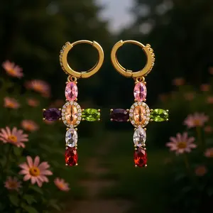 Colored Diamond Cross Earrings Fashion Simple Copper Zircon Earrings Adjustable Diamond Ear Clips with Multicolor Stones