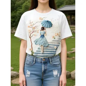 Printed design - no texture, women's short-sleeve T-shirt, tree-step print - 3D visual embroidered portrait round-neck top |   Spring, summer, and autumn casual and formal wear two-way summer top