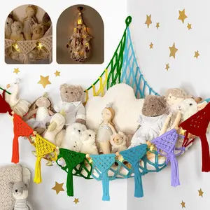 Plush Toy Storage Net, Hand-Woven Cotton Rope Corner Storage Net for Bedroom, Stuffed Animal Hammock, Space-Saving Hanging Storage Organizer for Home Living Room hat organizer