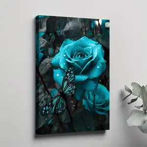 1pc Framed Teal Rose & Turquoise Blue Floral Canvas Art with Black Butterflies - Elegant Wall Decor for Bedroom, Living Room, or Bathroom - Modern Solid Wood Frame, Indoor/Outdoor Use, Room Decor