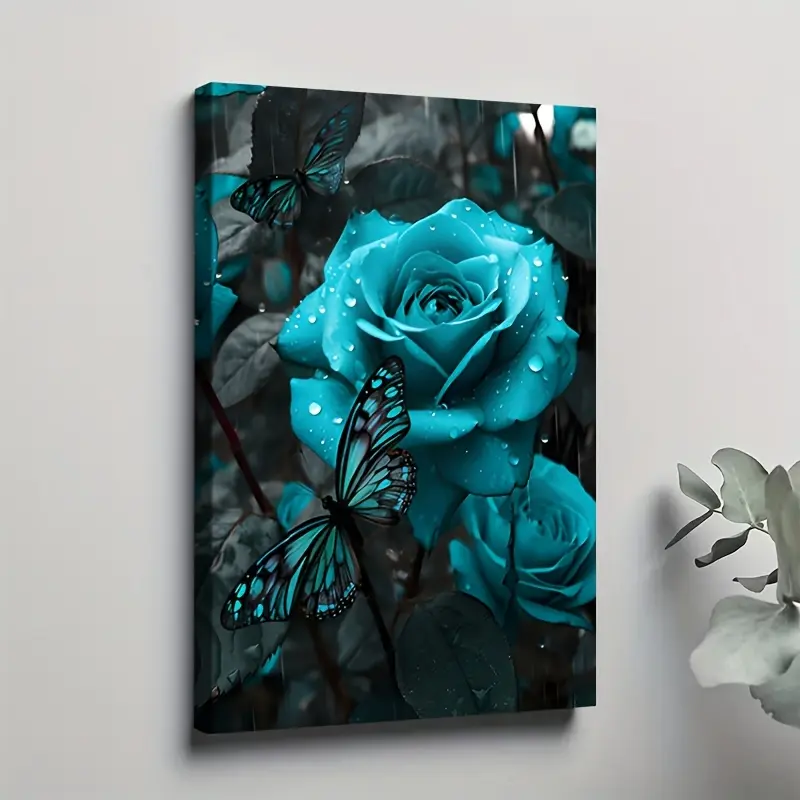 1pc Artistic Framed Teal Rose & Turquoise Blue Flower Print Canvas Art - Black Butterflies, Modern Solid Wood Frame, Blue Flower Motif Wall Arts, Wardrobe/Balcony Decor, Kid Room/Classroom Indoor Accent, Bathroom