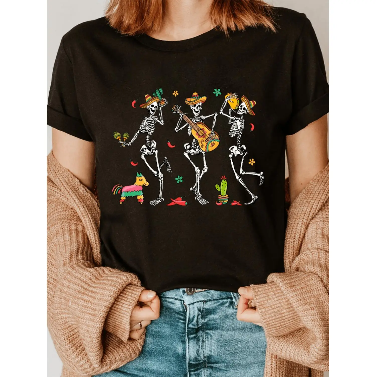 Women's Mexican Fiesta Skeleton Dancer T-Shirt - Day of the Dead Graphic Tee with maracas & guitar - Soft Crewneck Top for Cinco de Mayo Party Outfits, Halloween, Casual Casual Attire - Machine Washable Lightweight Shirt