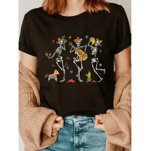Women's Mexican Fiesta Skeleton Dancer T-Shirt - Day of the Dead Graphic Tee with maracas & guitar - Soft Crewneck Top for Cinco de Mayo Party Outfits, Halloween, Casual Casual Attire - Machine Washable Lightweight Shirt