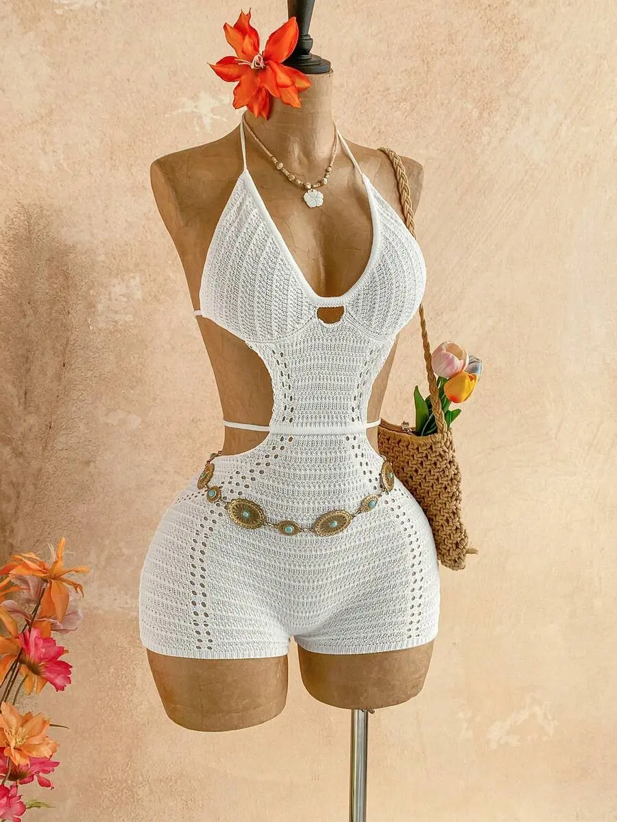 DAMIKA Backless Halter Jumpsuit Vacation Beach Party White Summer Tropical Sexy