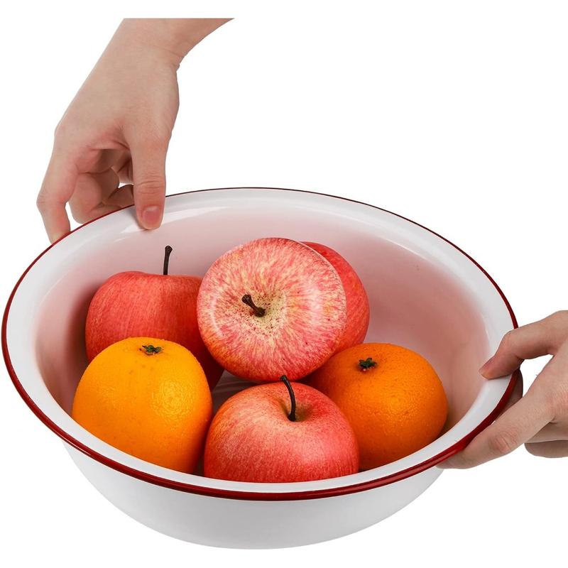 Set of 2 Enamel Bowls, 3 Quart Large Enamel Mixing Bowls, White Enamelware with Red Rim, 11 Inch Vintage Enamel Soup Basins for Fruit, Salad, Pasta, Dinner