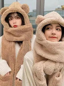 Women's Cute Bear Hooded 3-In-1 Set, Warm Winter Plush Scarf & Gloves, Stylish Accessory for Cold Weather Comfort