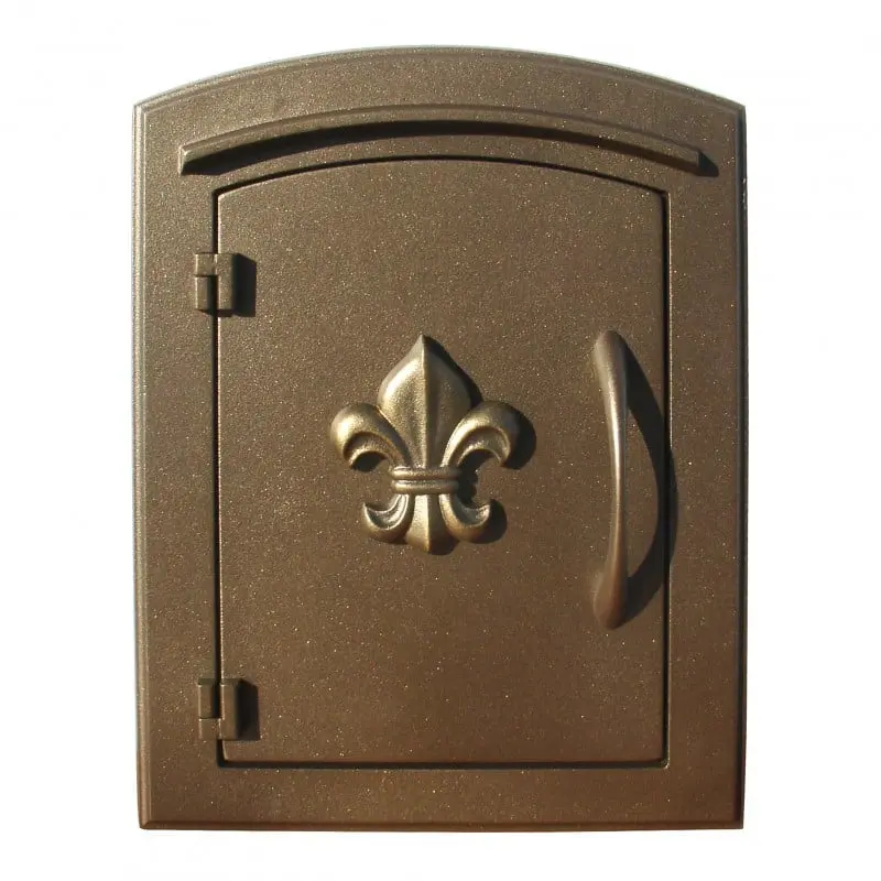 QualArc MAN-S-1402-BZ 12 in. Manchester Security Drop Chute Mailbox, Bronze, with Decorative Fleur De Lis Logo Faceplate, Wall Mounting for Mail Delivery