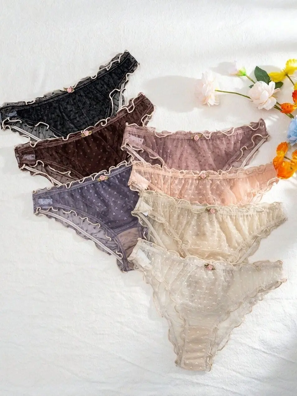 7pcs Women's Lace Floral Triangle Panties - Flower Detail Underwear