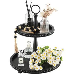 Beaded Tiered Tray Stand, Rustic Wooden 2 Tier Decorative Tray with Bead Garland, Farmhouse Round  Serving Tray Counter Centerpiece for Coffee Bar  Decor Holiday Housewarming Gifts (Black)