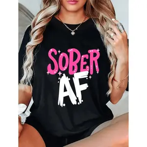 AA NA Women's Funny Sobriety Anniversary Shirt - SOBER AF Bold Text Graphic Tee, Machine Washable Black Crew Neck T-Shirt for Sober Living, Birthday or Party Outfits - Casual Casual Attire, Ladies Tshirts, Sober Celebration Gear, Playful Design