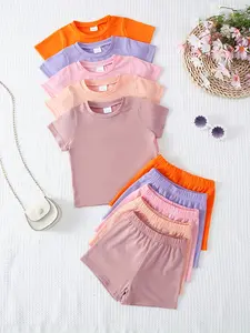 Baby Girls' Soft Comfortable Knitted Fabric Solid Color Short Sleeve Top Shorts Set, 10 Pieces, Casual Summer, Baby Clothing