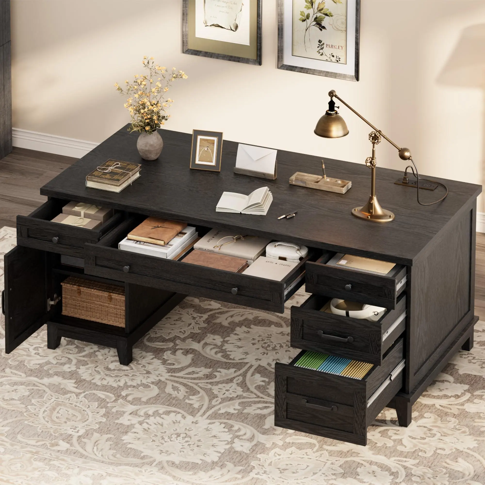 Farmhouse Executive Desk 60 Inch, All-in-One Home Office Table with Built-in Charging Port, Rustic Wooden Computer Desk with File Drawers for Work, Rustic Black
