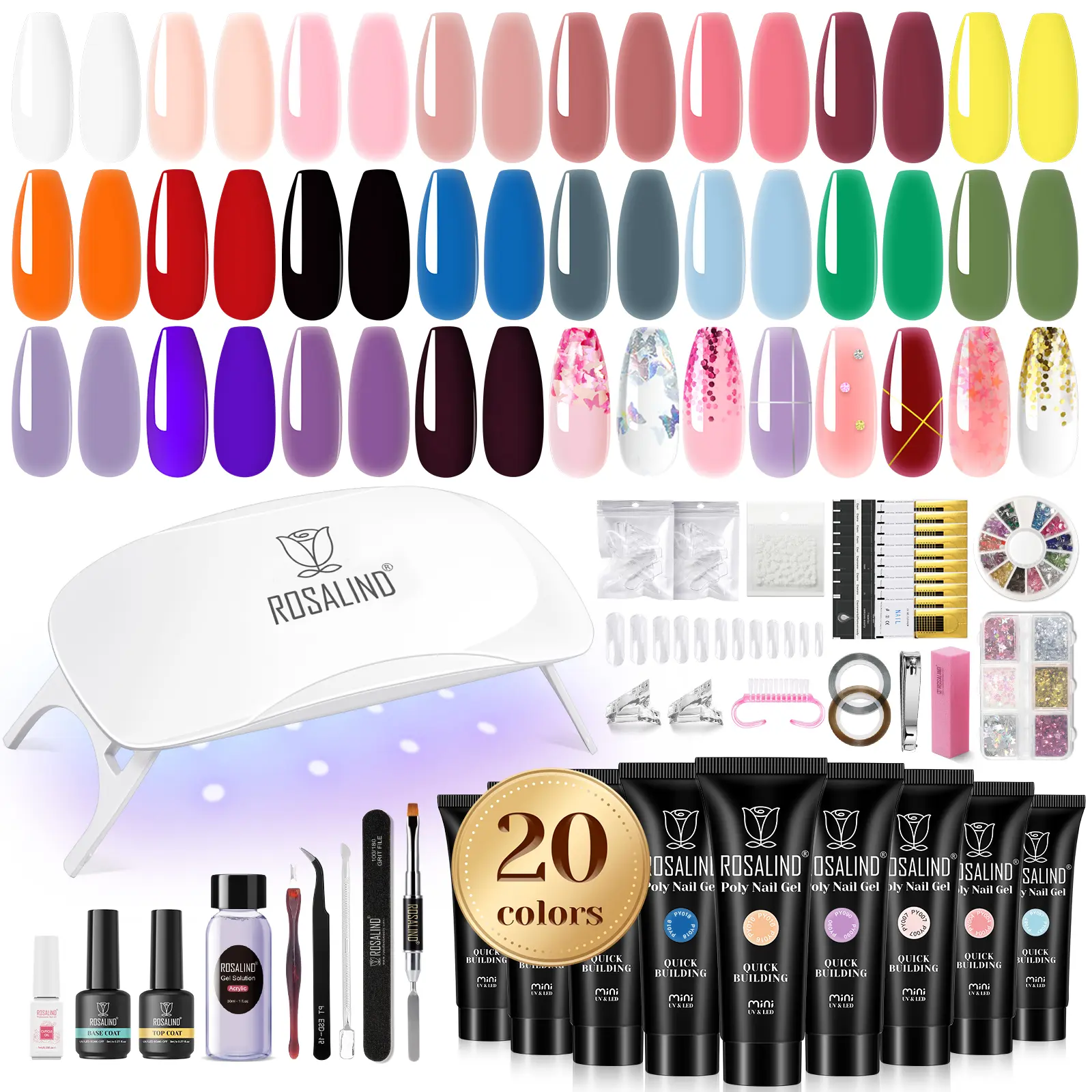 ROSALIND Poly Nail Gel Kit -Mini Multicolors Clea Nude Poly Nails Gel Kit Starter Kit with Slip Solution Nude Pink Nail Extensions Gel Set with Mini UV Lamp