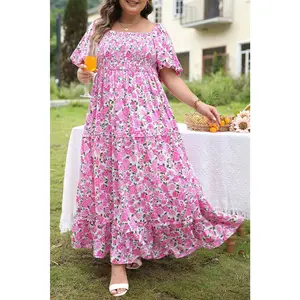 Pink Plus Size Floral Print Smocked Puff Sleeve Maxi Dress