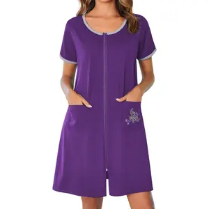 Zip Up Robes for Women Short Sleeves Zipper House Coat Short Bathrobes Lightweight Nightgown with Pockets S-3XLGift