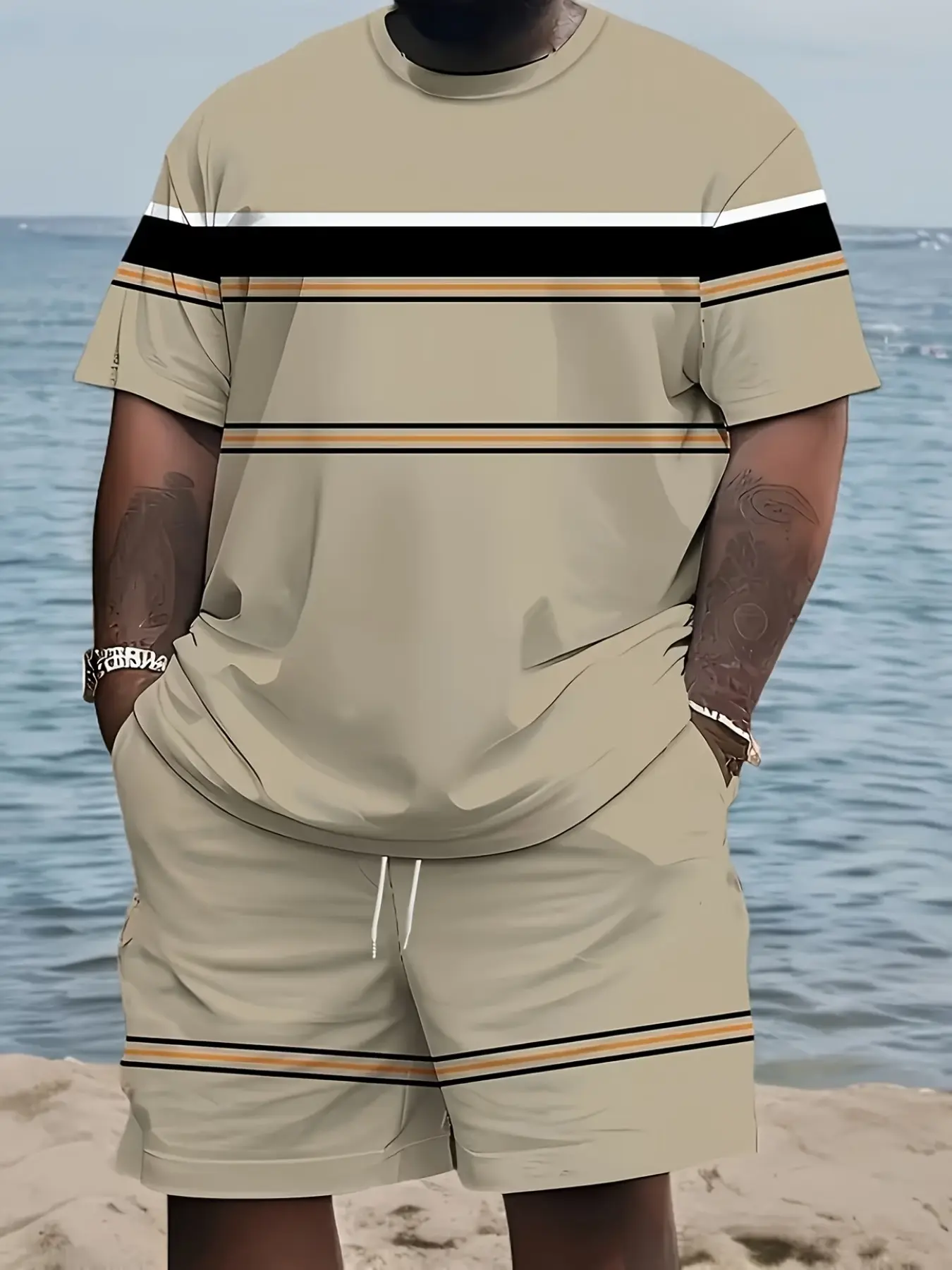 Men's Classic Horizontal Stripe Set, 3D Digital Print, Outdoor Casual Sports Wear, Street Style Running, 2-Piece Large Size, Jogging Set, Activewear Shorts Sets, Athleisure Summer Clothes, Activewear Workout Set
