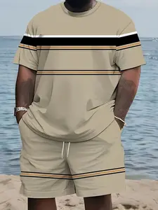 Men's Classic Horizontal Stripe Set, 3D Digital Print, Outdoor Casual Sports Wear, Street Style Running, 2-Piece Large Size, Jogging Set, Activewear Shorts Sets, Athleisure Summer Clothes