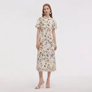 Tencel Linen Blend Floral Print Women Qipao Maxi Dress