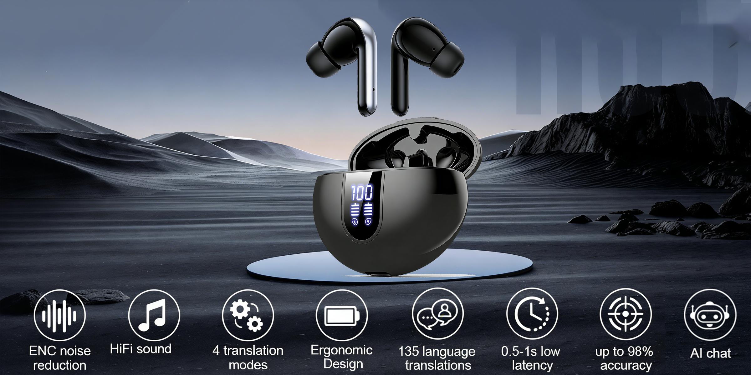 AI Translation Earbuds Real Time 156+ Languages Translator Ear Buds Audifonos Traductores Inglés Español 60H Playtime Wireless Earphones AI Bluetooth Headphones for Travel Meeting Learning Black