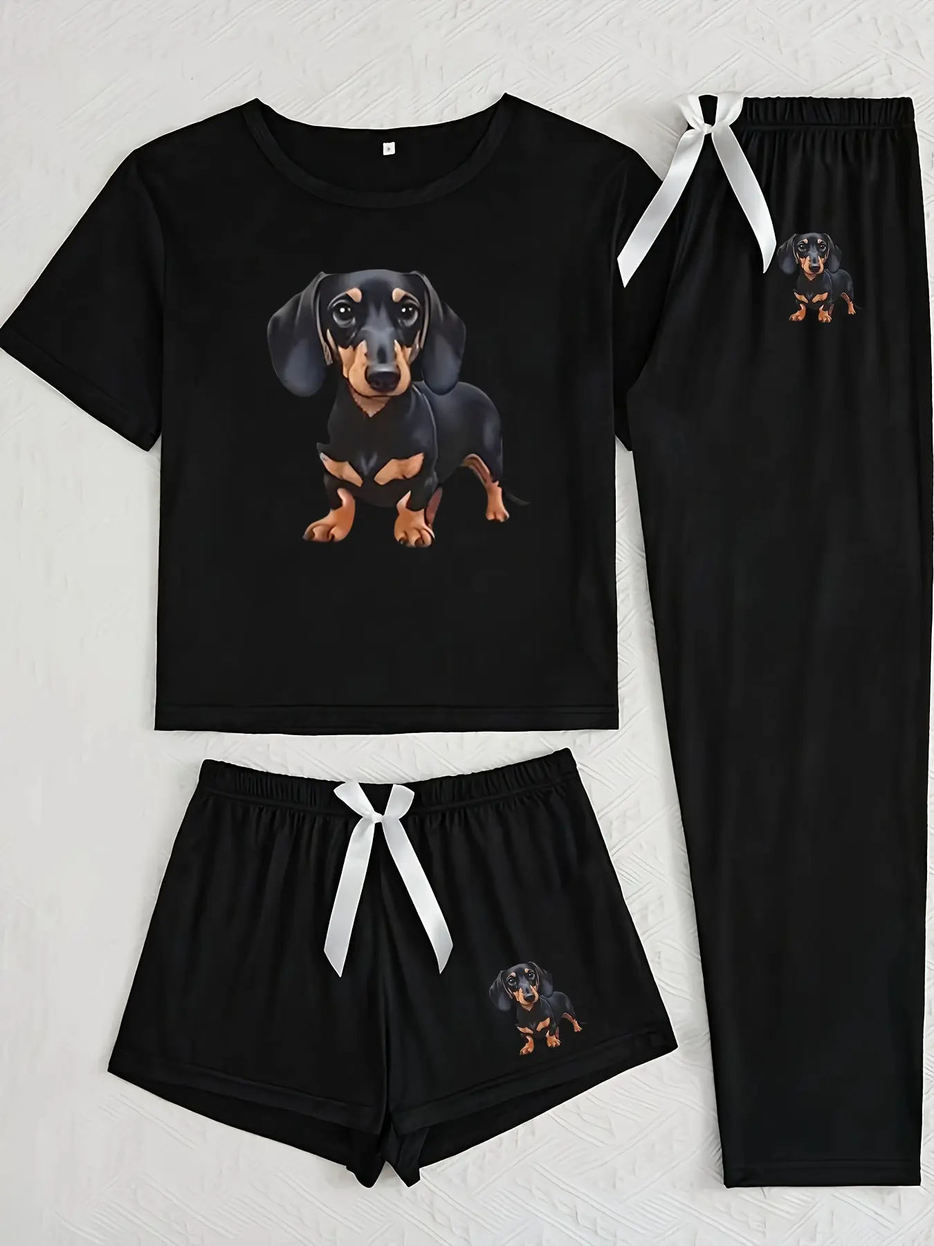 Women's Cartoon Dog Print Sleepwear Set, Casual Fitted Three-Piece Pajama Suit, All-Season Comfortable Nightwear